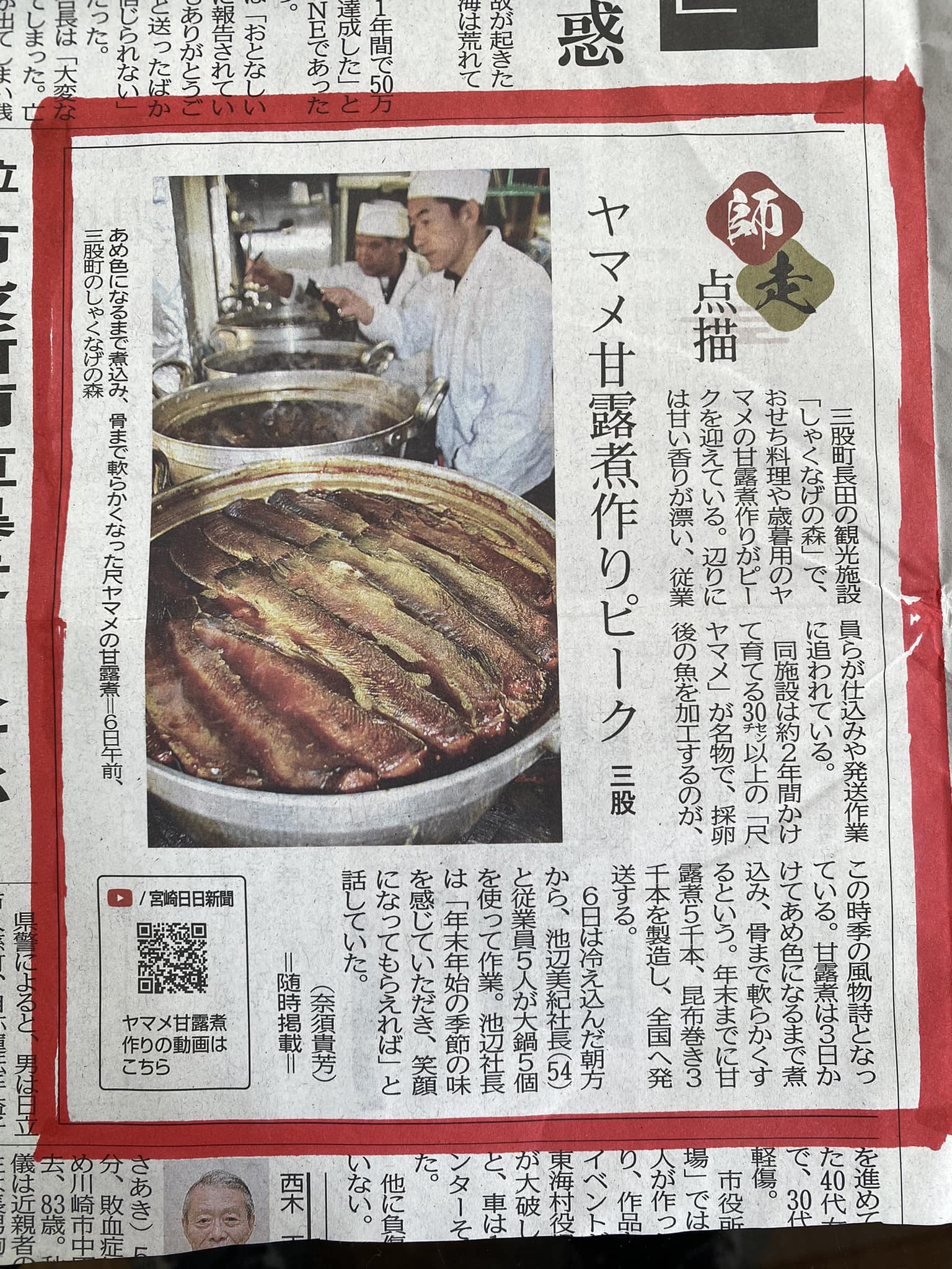 宮崎日日新聞で尺ヤマメ甘露煮・昆布巻き製造風景